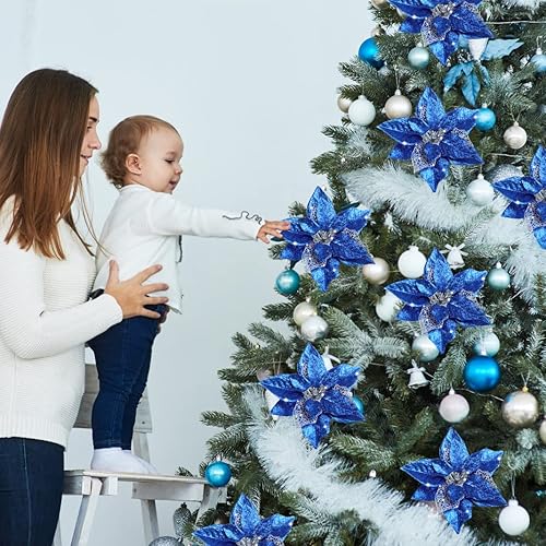 Miniatura 7 de AOKE 16 piezas de flores de Pascua azules artificiales con purpurina para decoración de Navidad con clips, decoraciones grandes de Navidad para