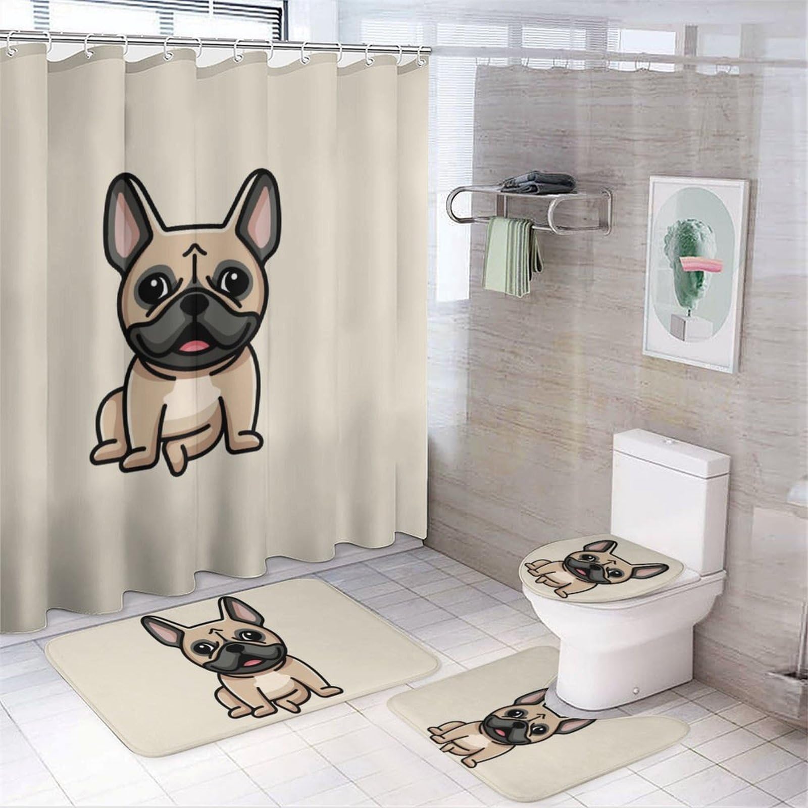 JZemdybill Bathroom Mat Set 4 Piece, French Bulldog Shower Curtain with Non-Slip Bath Mats for Bathroom