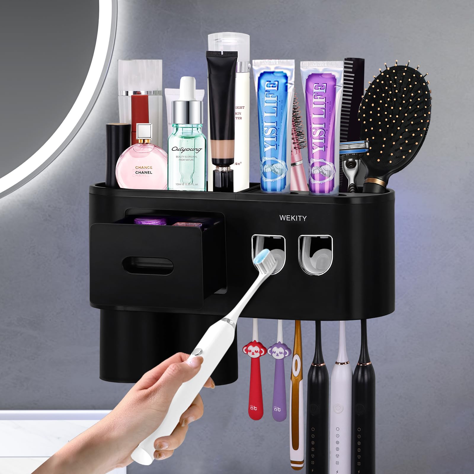 Set di portaspazzolino da bagno, portaspazzolino da parete, dispenser per dentifricio, portaspazzolino elettrico con 2 tazze, 6 scomparti per spazzolino da denti, cassetto per cosmetici (grande)