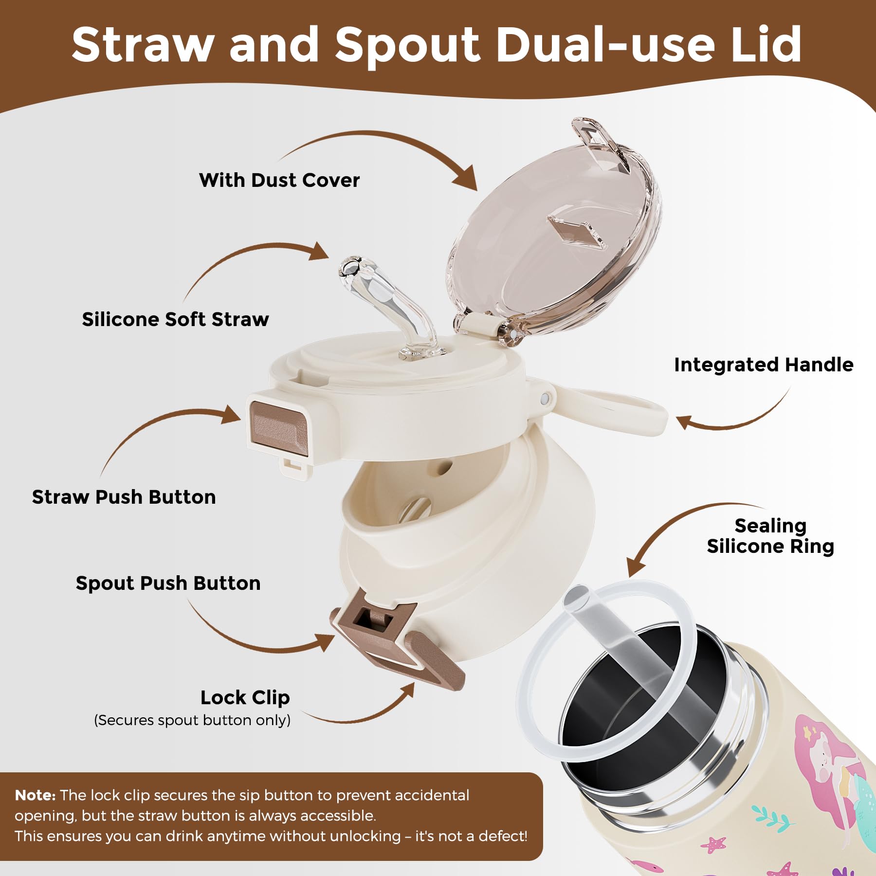 Exllena 400ml Stainless Steel Water Bottle Kids with Pop-Open Soft Straw & Spout 2-in-1 Lid - Image 3
