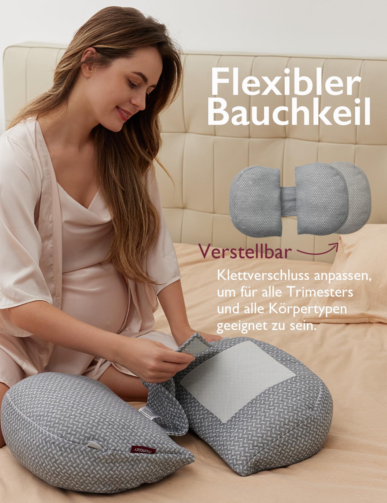 Momcozy Tragbares Schwangerschaftskissen – W-förmiges Seitenschläferkissen für Rücken, Bauch & Hüfte, Verstellbares Reisekissen zur Schmerzlinderung für Schwangere