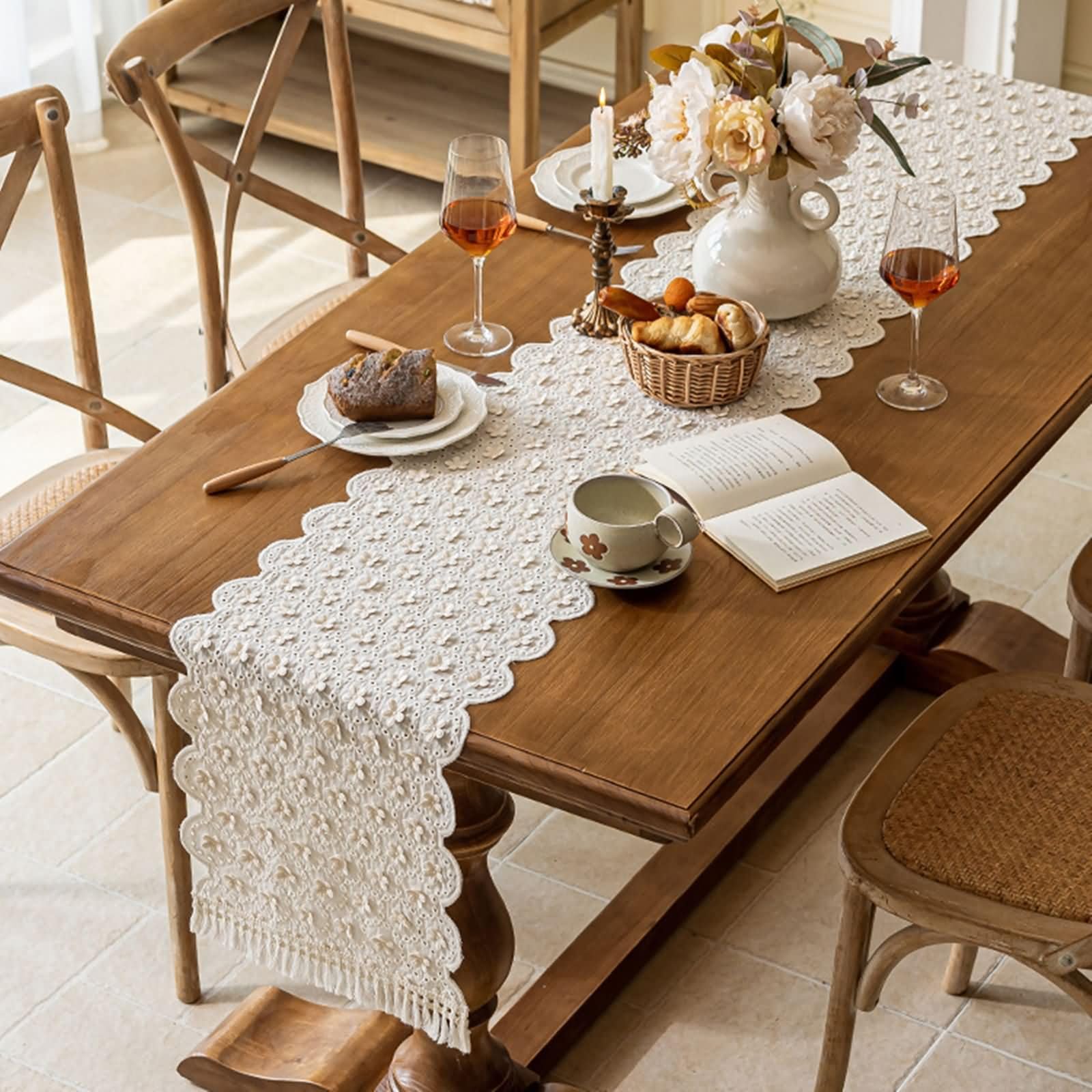 Runner Tavola Beige Bianco con Motivi Floreali,Cotone,33x300cm