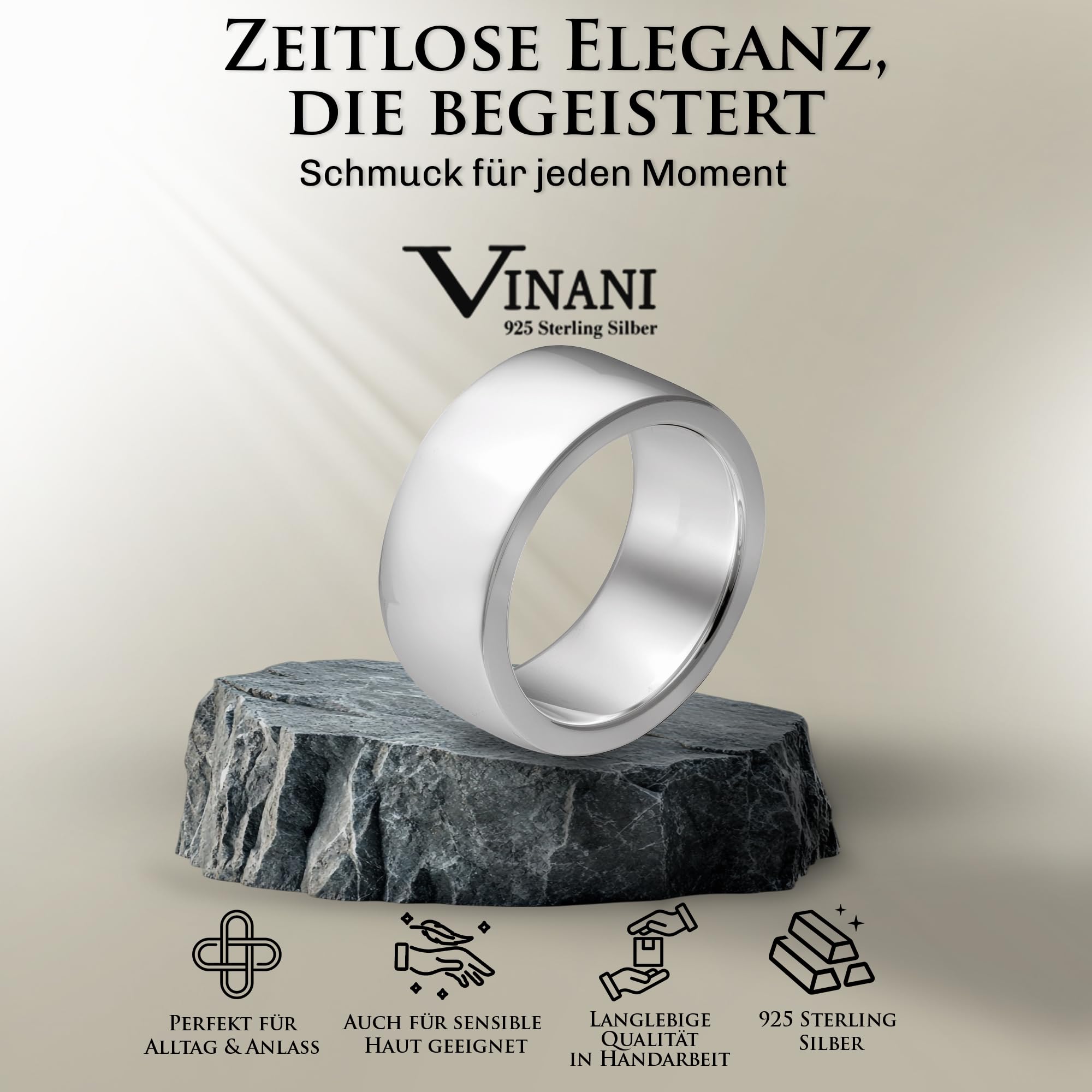 Vinani Ring aus 925 Sterling Silber - Breiter Damenring massiv schlicht glänzend für Frauen, nickelfrei & antiallergisch, Designed in Deutschland, REG