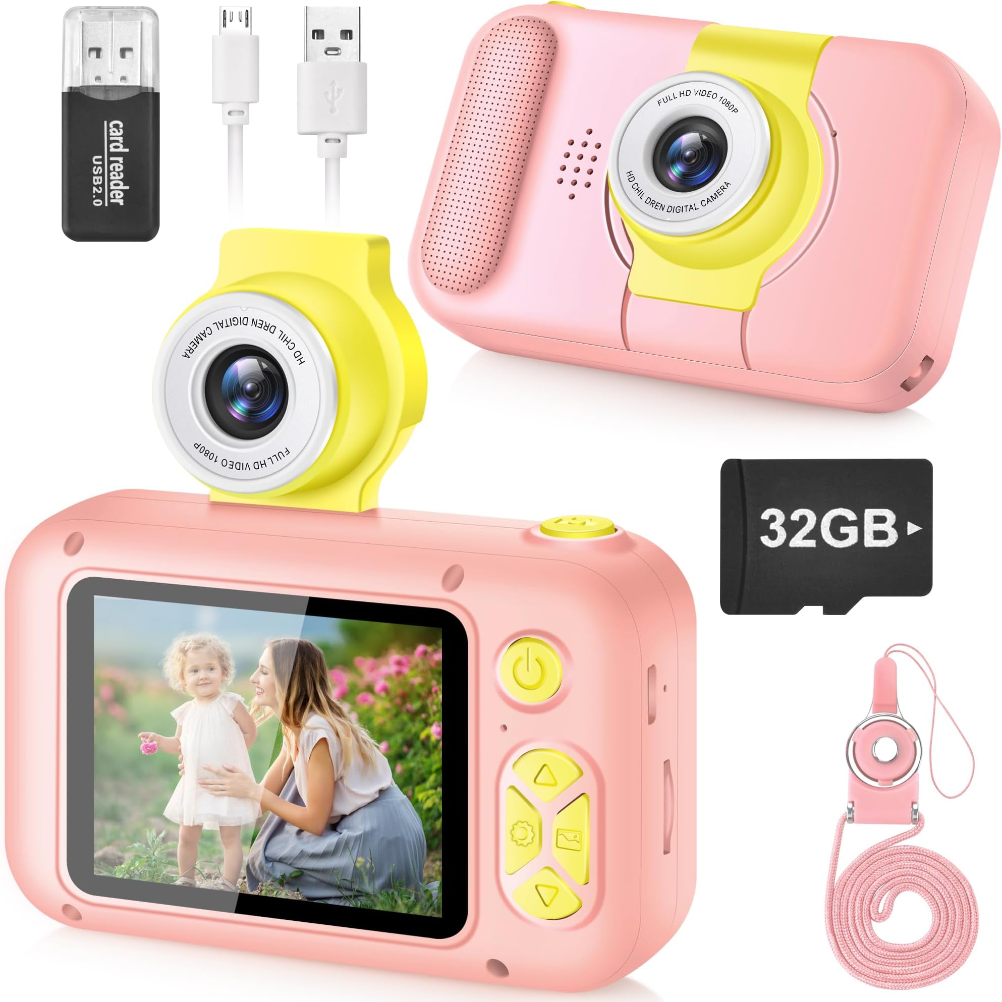 ARNSSIEN Kids Camera, Toddlers Digital Toy Camera with 180° Flip Lens, 2.4 Inch IPS Screen, 32 GB Card, Birthday Festival Present for 3 4 5 6 7 8 9 10 11 12 Year Old Girls & Boys, X101 (Pink)