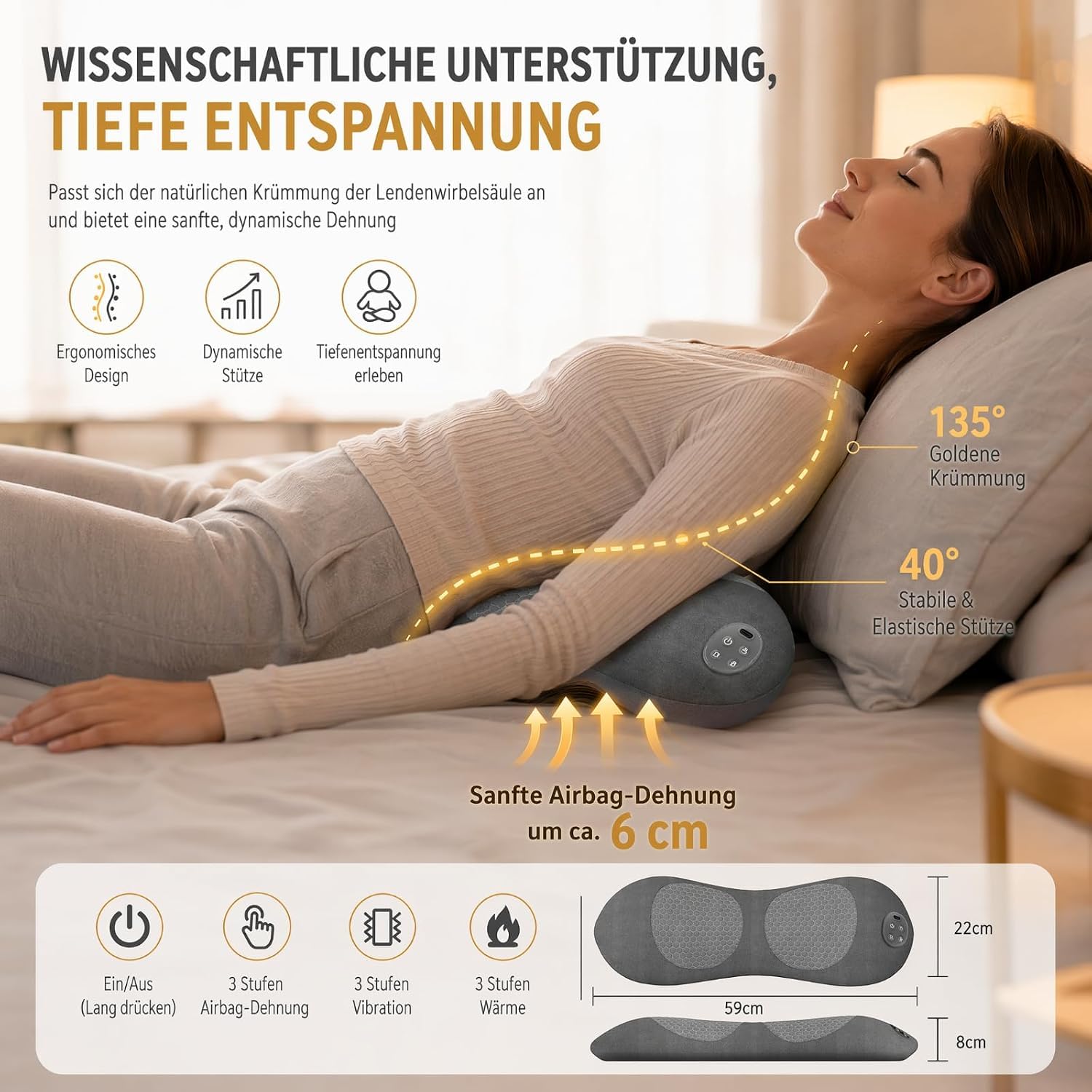 3-in-1 Rückenmassagegerät, Massagegerät mit Wärme Vibration & Dehnung | Rücken Massage Gerät, Nackenmassagegerät, Ergonomische Rückenstütze für Nacken, Schultern und Rücken Büro Zuhause Reise