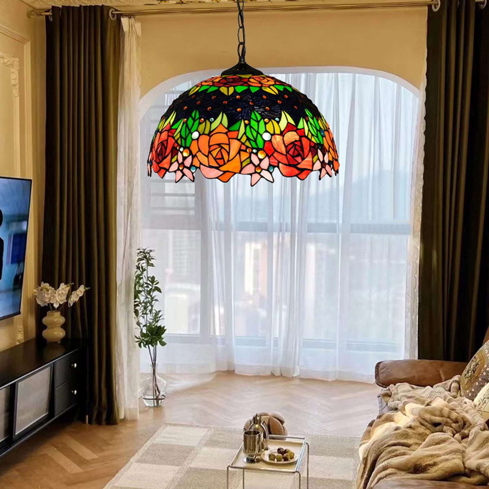 Suspension vitrail rose 40 cm lustre d'art rétro au design pastoral chic