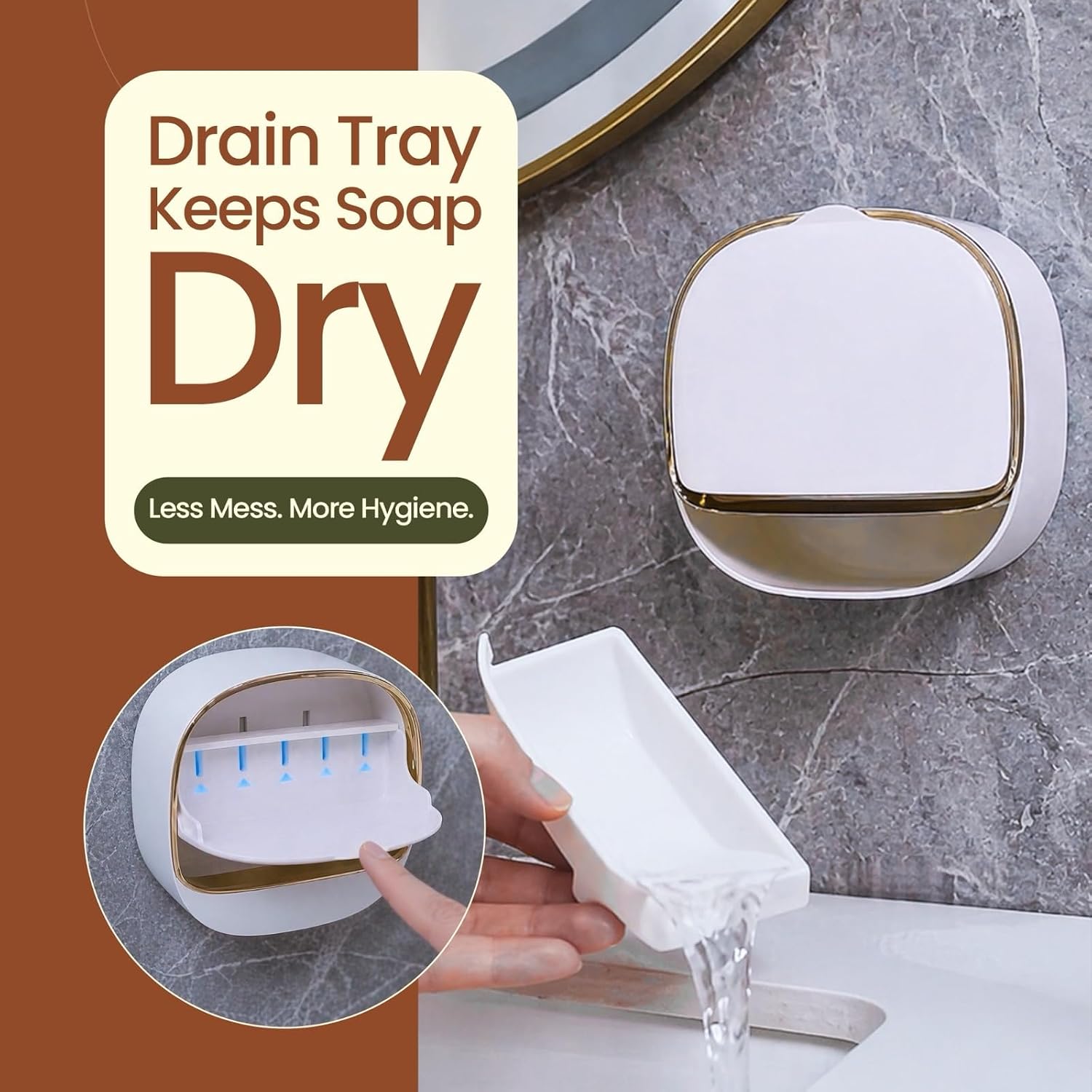 Wall Mounted Soap Holder with Drain Tray, 2 Pack Waterproof Soap Dish with Flip Lid, Self Draining Soap Bar Holder for Shower, Bathroom & Kitchen image 4