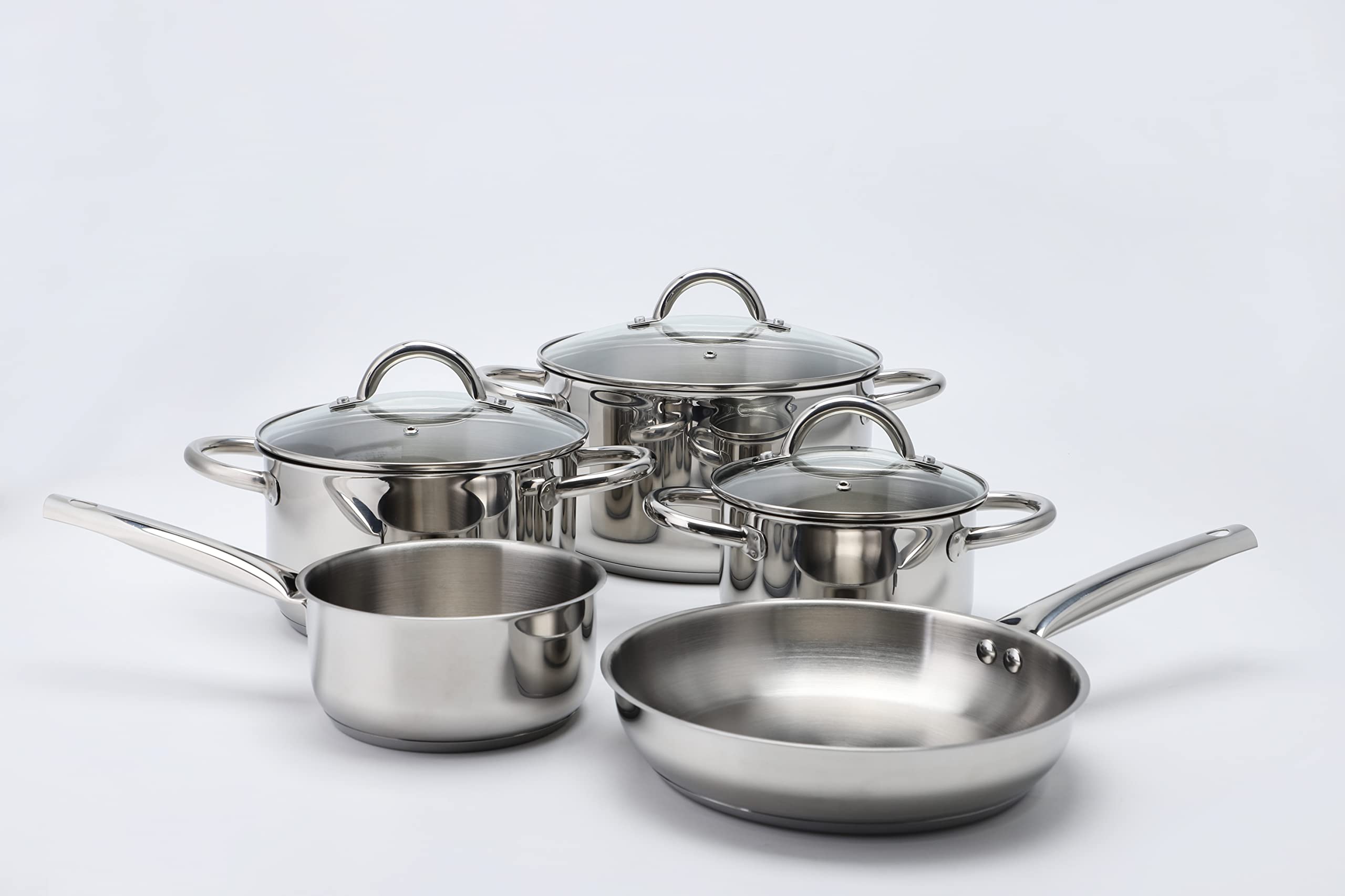 Echtwerk Juego de 8 cacerolas de acero inoxidable - Con tapa de cristal - 3 cacerolas - Para todas las cocinas - Edición plateada
