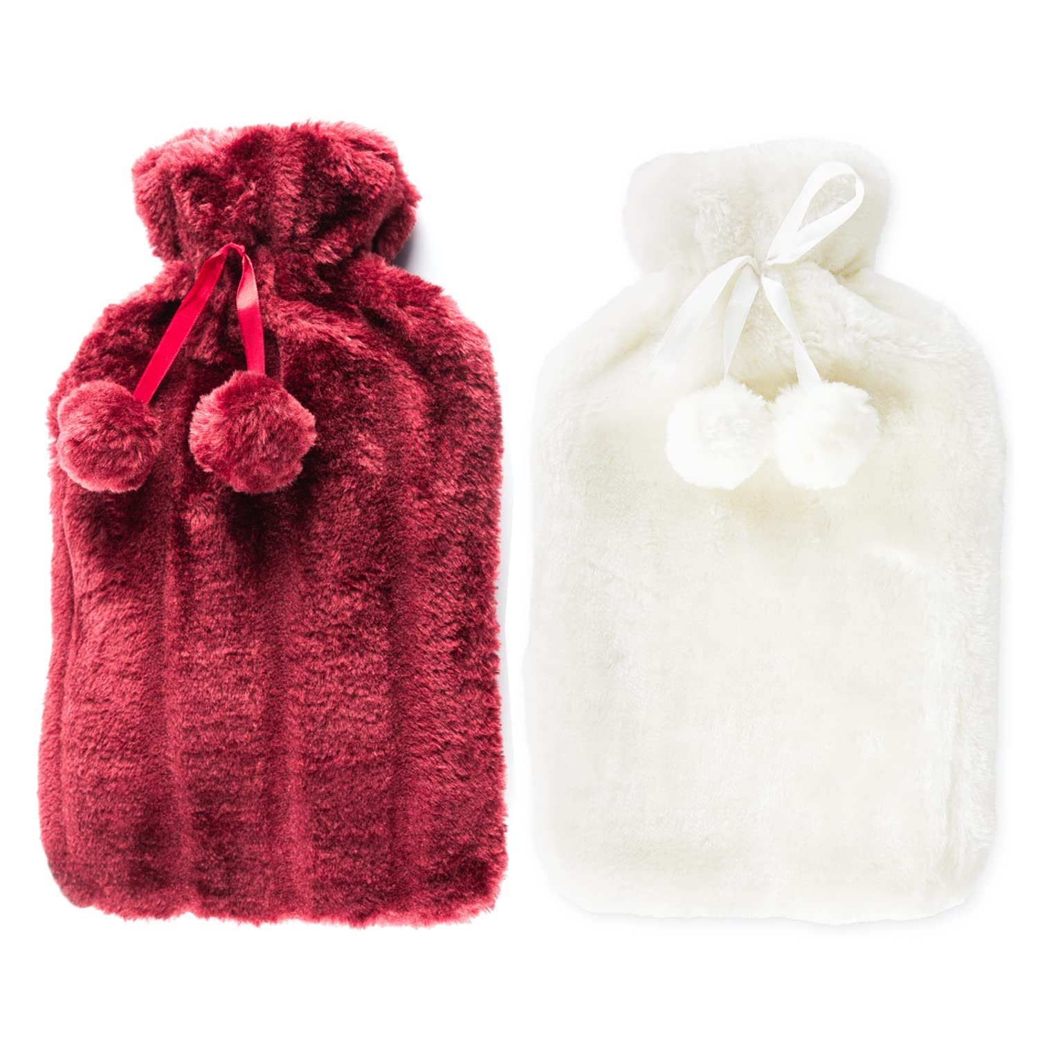 Lot de 2 bouillottes avec housse UK – 2 bouillottes en caoutchouc naturel de 2 litres – Sac d'eau chaude parfait pour soulager la douleur, chauffemains et pieds (1 bouteille crème avec 1 bouteille