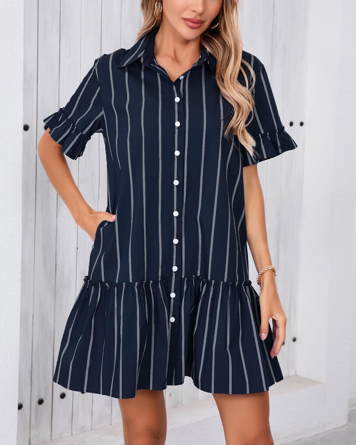 Women's Cotton Linen Ruffle Mini Dress Short Sleeve Button Down Drop Waist Tunic Shirt Dress - Image 2