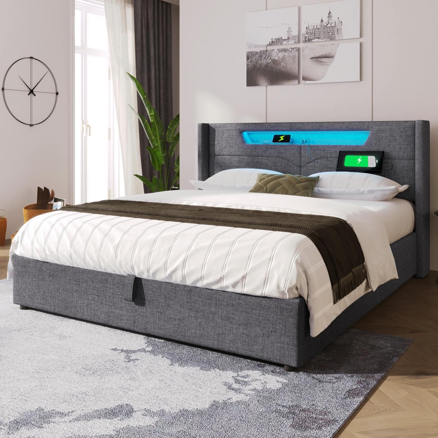 Lit Rembourré 160x200 Cm Avec LED Et USB, Tête De Lit Extra Large Avec 2 Tables De