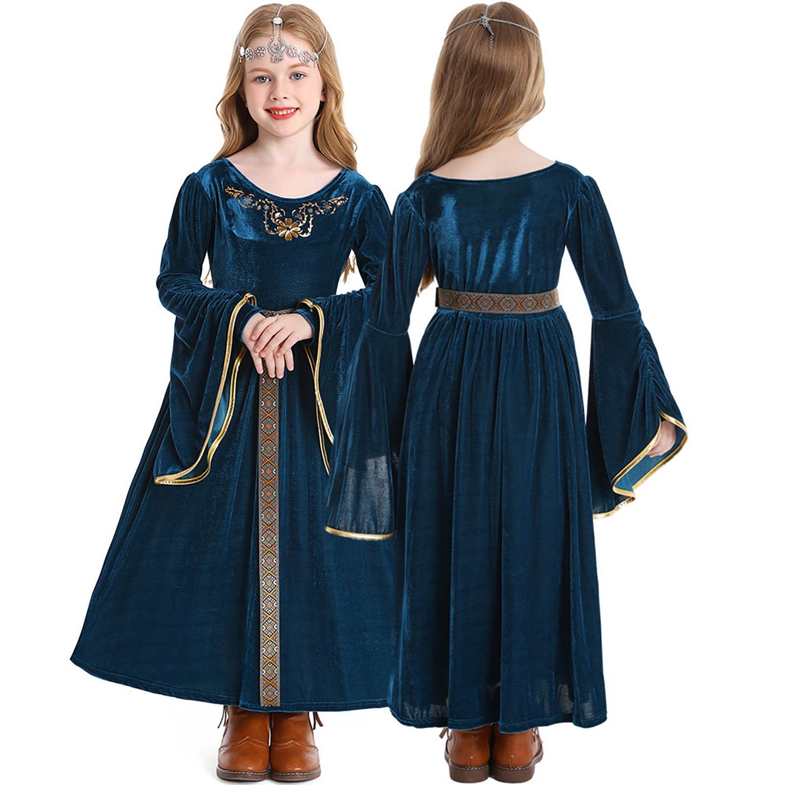 Girls Vintage Medieval Costume Kids Medieval Renaissance Dress Long Dress Trumpet Sleeve Style Outfit for Drama Musical Stage Performance School Party