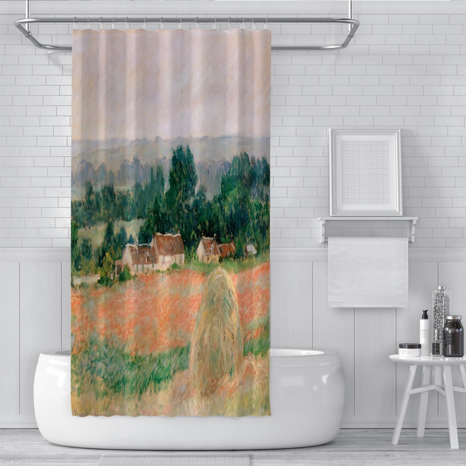 Weizenfeld-Duschvorhang-Einlage Landhaus-Badezimmer-Dekor-Sets mit Haken Claude Monet-Landschaft Polyester-Stoff-Duschvorhänge 180Bx220Lcm