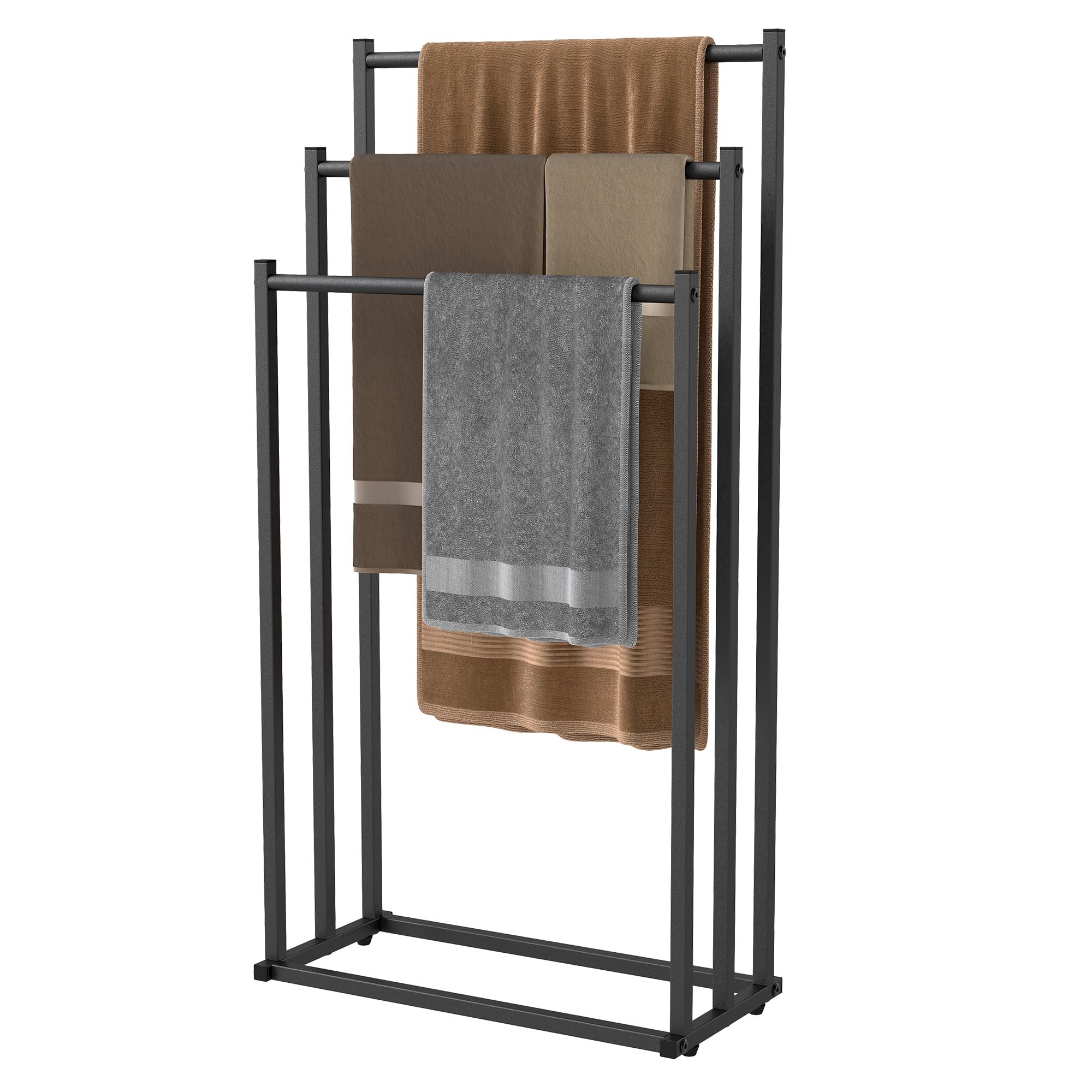Porte Serviette sur Pied Salle De Bain, Support Serviettes Autoportant en Métal, Porte-Serviettes Noir sur Pied à Trois Niveaux, pour Les Serviettes de Toilette et Les Draps de Bain