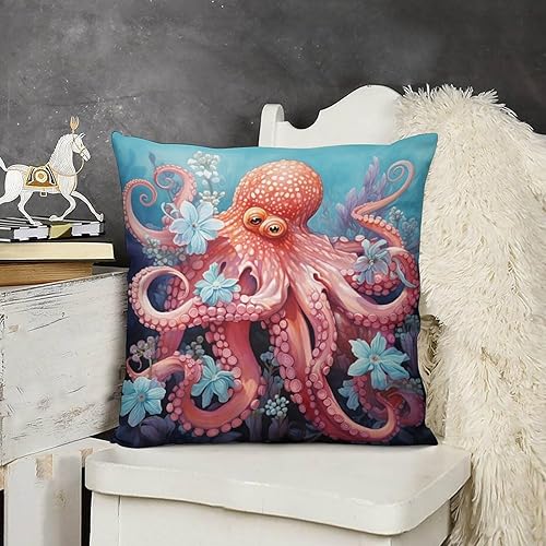 HighonHi Funda de almohada de pulpo rojo, cojines decorativos para sala, vintage, pulpo, azul, refrescante, náutico, mar, decoración de habitación