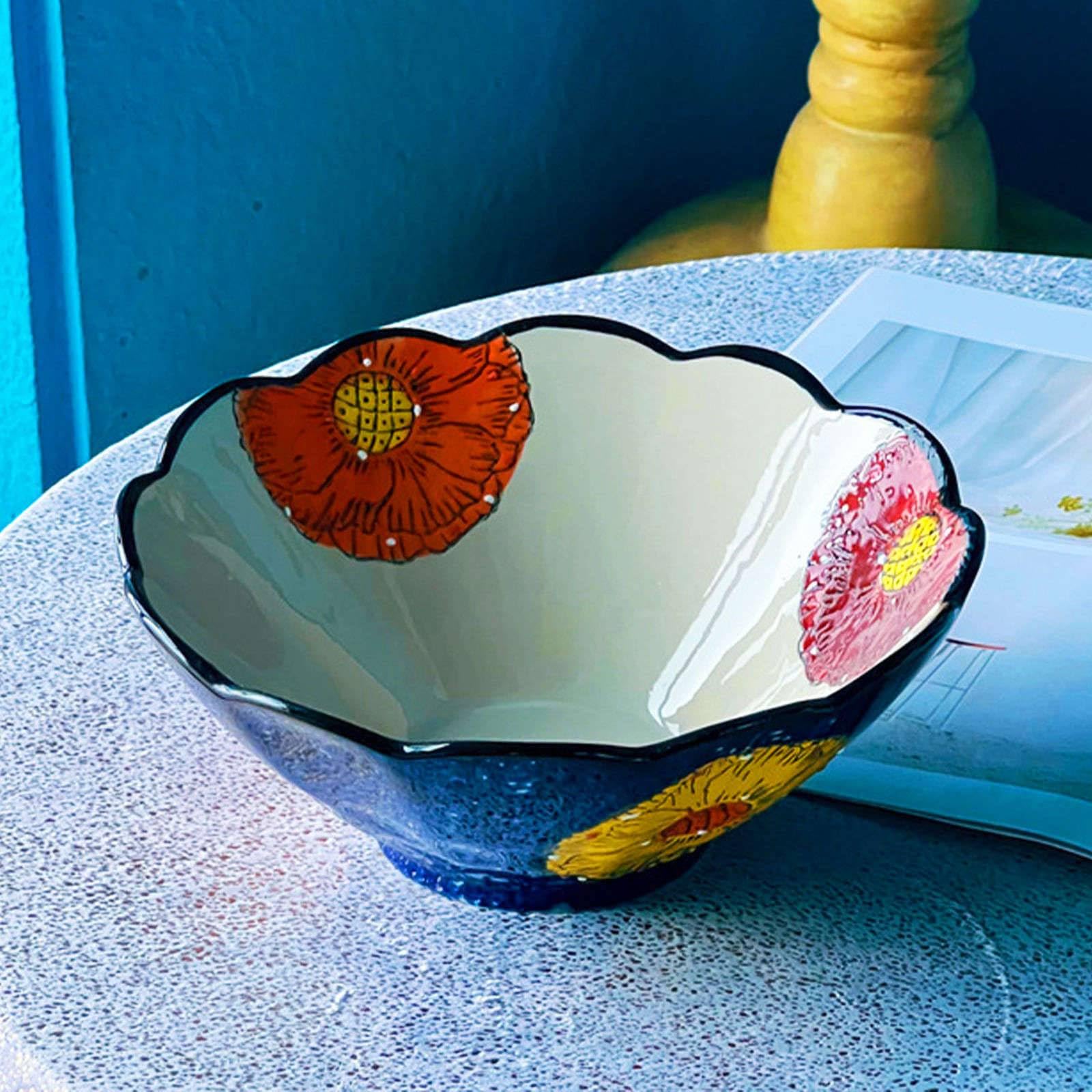 Ramen-Schüssel, Keramik-Instant-Nudelschüssel, Ramen-Schüssel 2er-Set, Keramik-Ramen-Schüssel, große Suppenschüsseln-Blau und Blumen-8 Zoll(Blue)