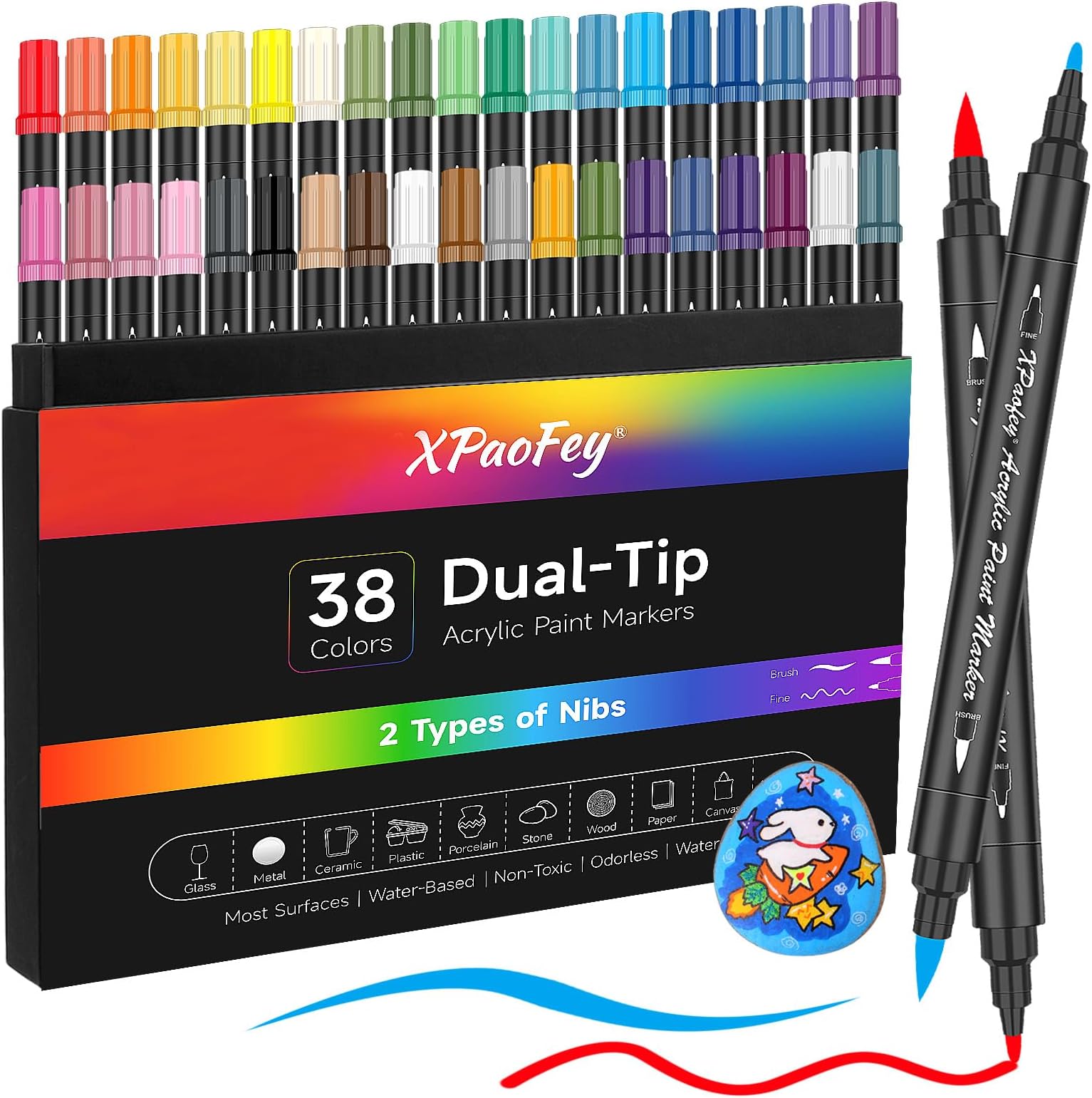 VividHues Dual Tip Acrylic Paint Pens, 38 Colours Acrylic Markers Pens ,Permanent Paint Markers Set with Fine & Brush Tip for Rock Painting, Glass, Ceramics, Wood, Plastic, Card Making, DIY Crafts