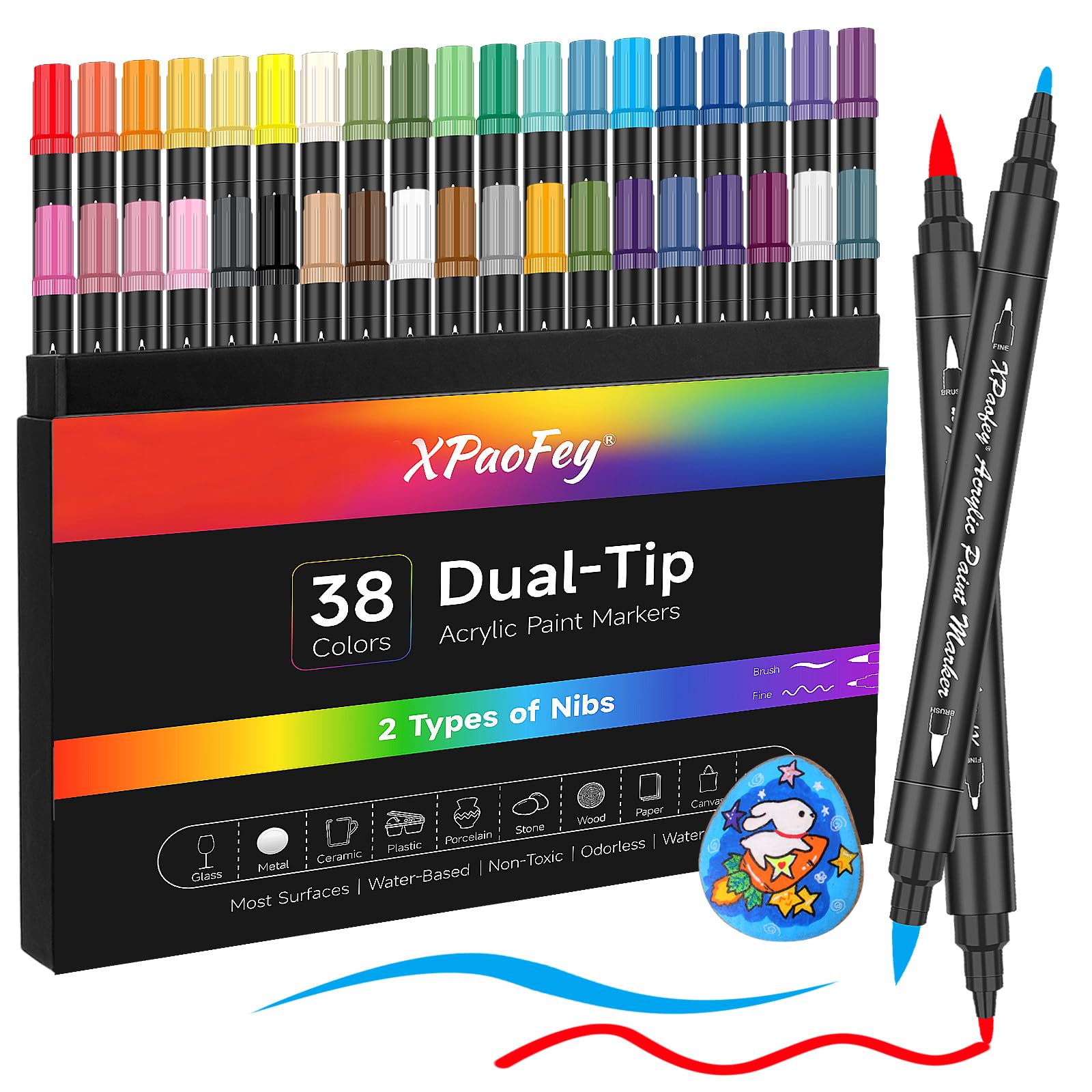 VividHues Dual Tip Acrylic Paint Pens, 38 Colours Acrylic Markers Pens ，Permanent Paint Markers Set with Fine & Brush Tip for Rock Painting, Glass, Ceramics, Wood, Plastic, Card Making, DIY Crafts