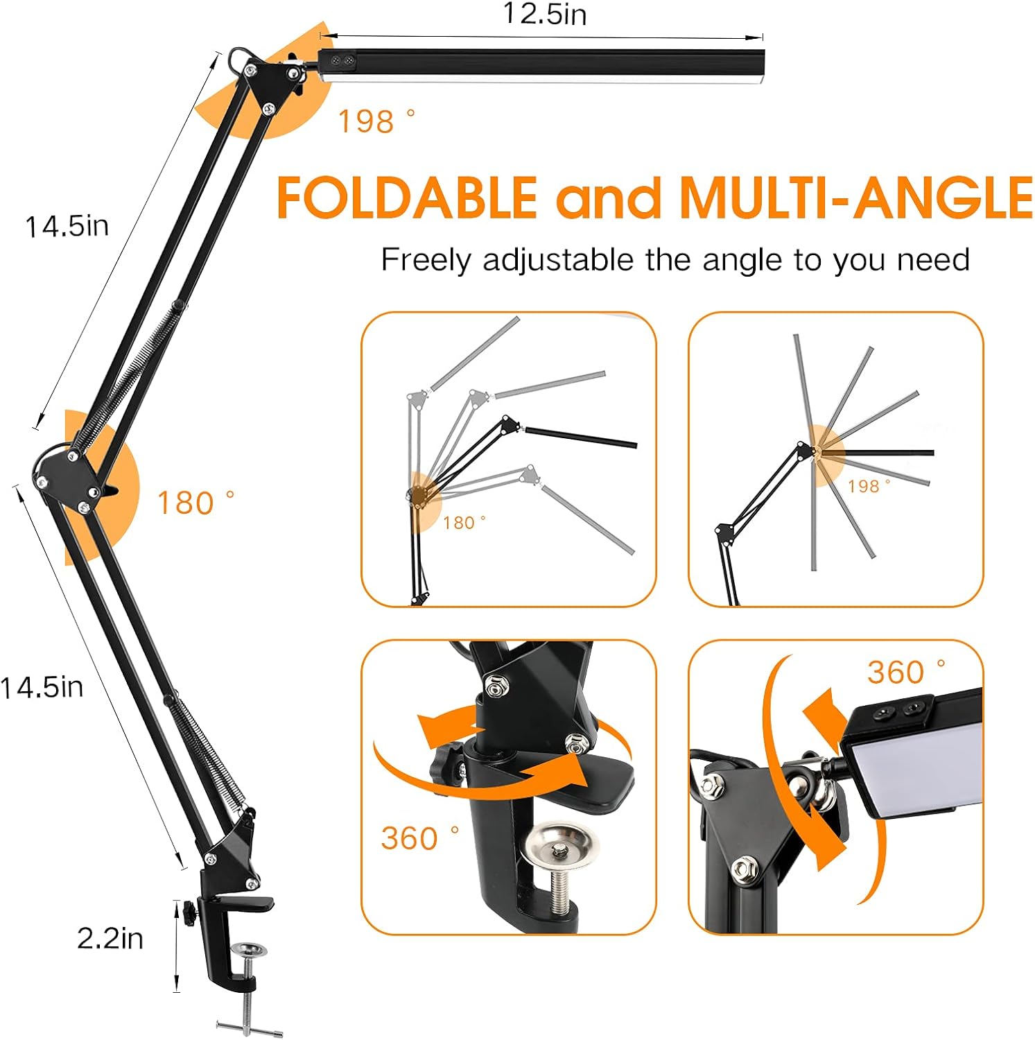 LED Desk Lamp, ENOCH 14W Eye-Caring Metal Swing Arm Desk Lamp with Clamp, 3 Modes, 30 Brightness Dimmable Clamp Desk Light with Memory Function/USB Adapter, Architect Table Desk Lamps for Home Office - - 