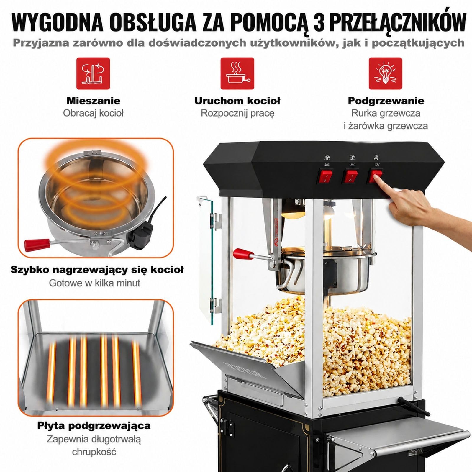 Maszyna do popcornu z wózkiem, 850 W, kociołek 8 oz na 48 filiżanek załadunku, hartowane szkło, czarna, 4 gałki, zastosowanie kinowe, restauracyjne, imprezowe