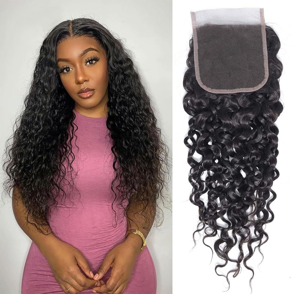 4x4 Hd Lace Closure Water Wave Closure Human Hair Free Part Lace Closure 100% Unprocessed Brazilian Virgin Human Remy Human Hair Closure Pre Plucked Natural Black (4x4 Lace Closure, 12 Inch)