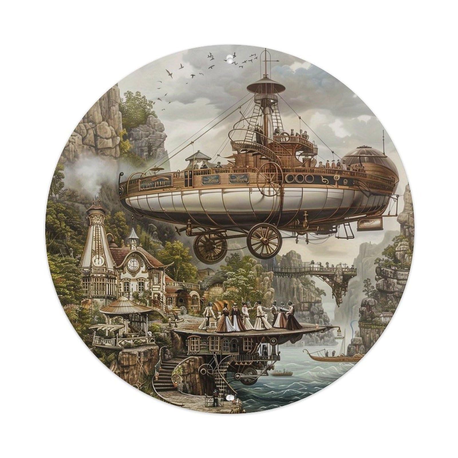 Steampunk Airship Over Cliffside Village Tin Sign Metal Poster Vintage Metal Signs for Home Man Cave Bar Cafe Kitchen laundry room Wall Decorations 8x8 inches