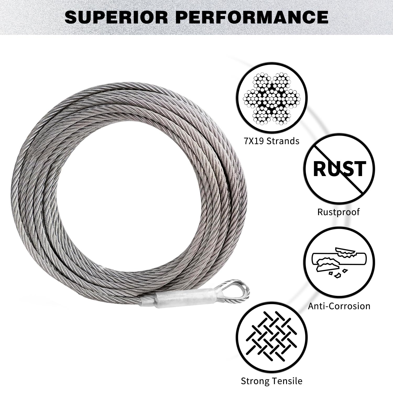 Cuerda de alambre de acero inoxidable de 3/8 pulgadas, cable de acero inoxidable 304 con bucle, resistencia a la rotura de 12000 libras, cuerda de alambre de 100 pies con clips y dedales para