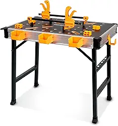 Bancada de Trabalho Portátil com Capacidade de 1000 Libras, Mesa de Trabalho Dobrável para Serviço Pesado com 2 Braçadeiras Rápidas, 4 Cães de Banco, 3 Caixas de Ferramentas para Armazenamento