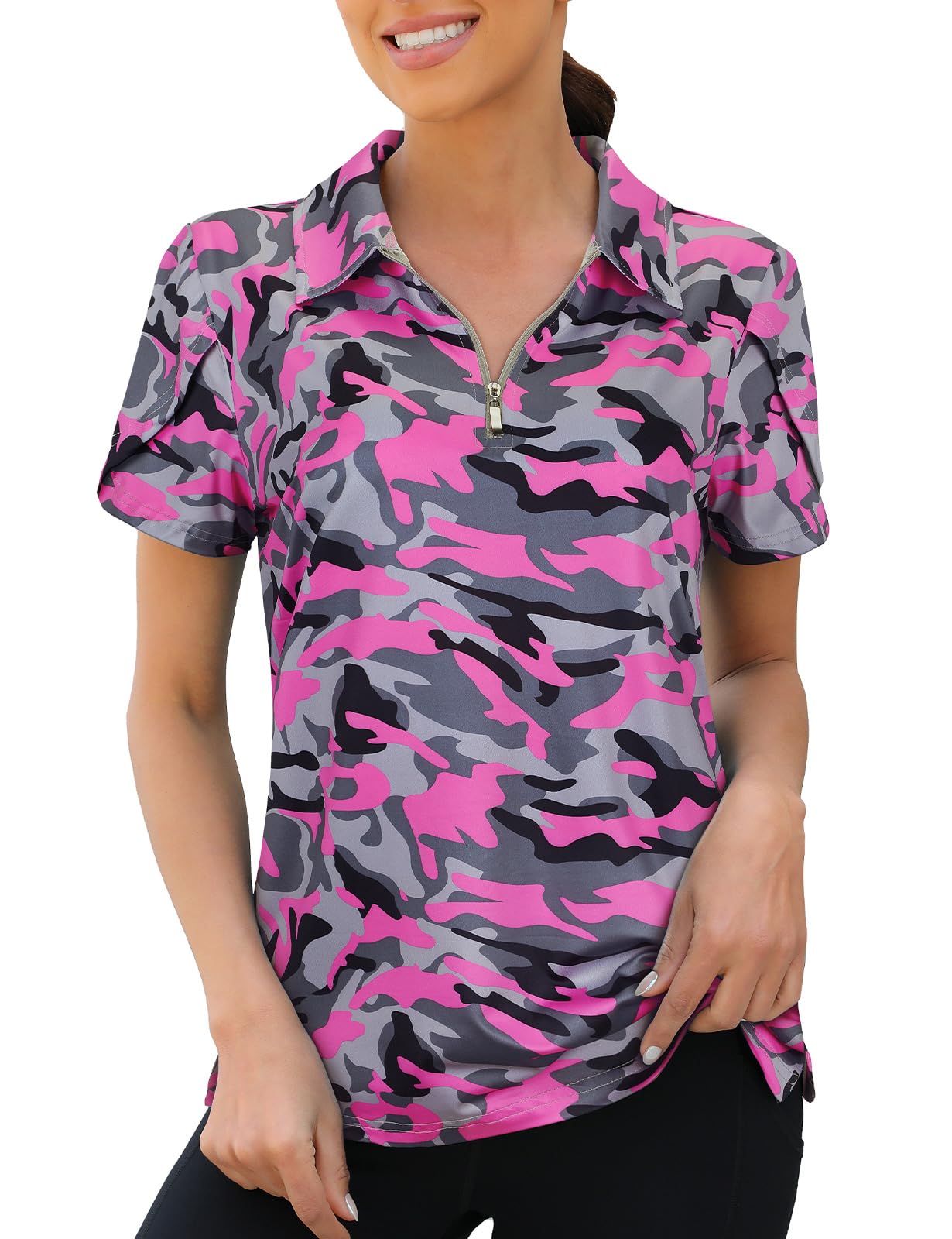 Viracy Short Sleeve Polo Women, Womens Golf Polo Shirts 1/4 Zip Up Short Sleeve Moisture Wicking Workout Tops,Medium Pink Camouflage