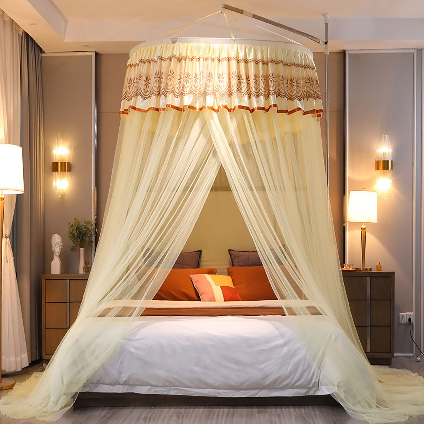 Moustiquaire ciel de lit dentelle rideaux suspendus jaune