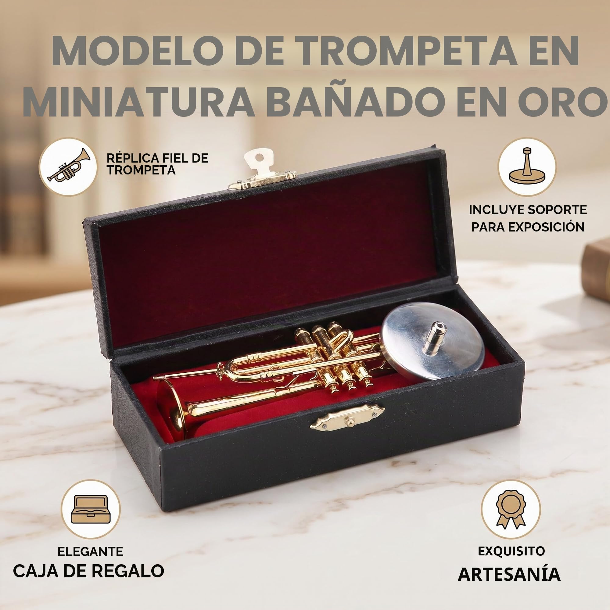 Trompeta En Miniatura Chapada En Oro – Réplica De Latón Con Soporte Y Estuche De Madera, Ideal Para Decorar Y Regalar A Músicos