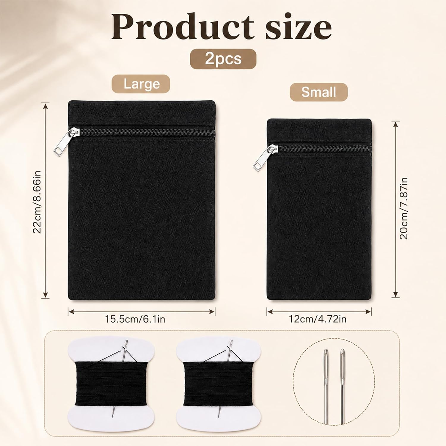 Azefnuhk 2 Pack Attachable Pockets for Clothes, Sew-in Side Pocket with Zipper, Travel Security Hidden Wallet, Coat Inside Pockets for Coats Sweatshirts Clothing Mastectomy Recovery Pocket (Black)