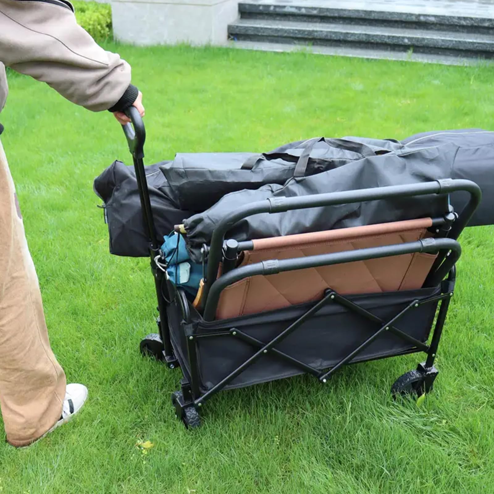 NCONCO Carrello Pieghevole con Ruote, 100L 150KG Carrello Spesa e Spiaggia | Carrello da Campeggio Portatile con Maniglia Regolabilee Ruote Larghe 360°, Carrellino Trasporto per Giardino e Auto
