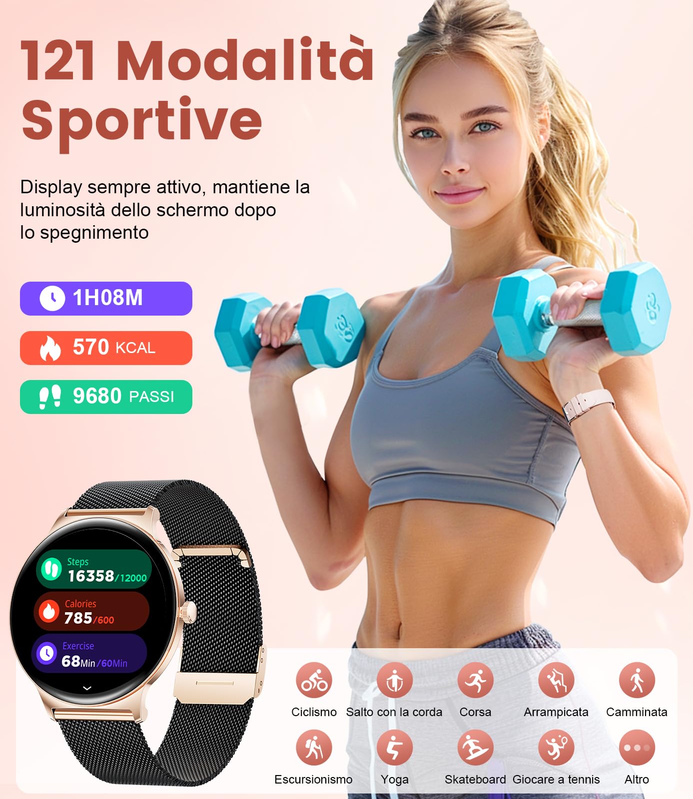 LIGE Orologio da donna con chiamate Bluetooth, 1.43" AMOLED HD Orologio sportivo da donna con calorie/salute delle donne/SpO2, IP68 Orologio da donna impermeabile, Android iOS Oro Nero