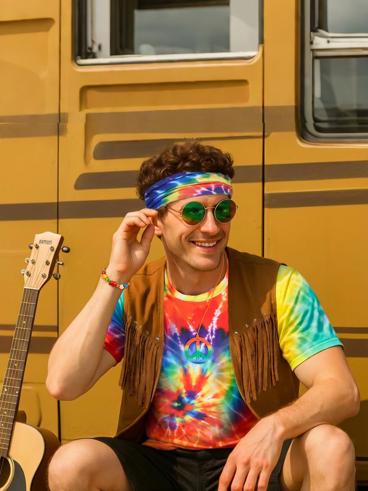 Hippie Kostüm für Herren 60er 70er Jahre Outfits Zubehör Tie Dye Shirt Set Fransen Karneval Weste Perücke Tie Dye Stirnband für Halloween