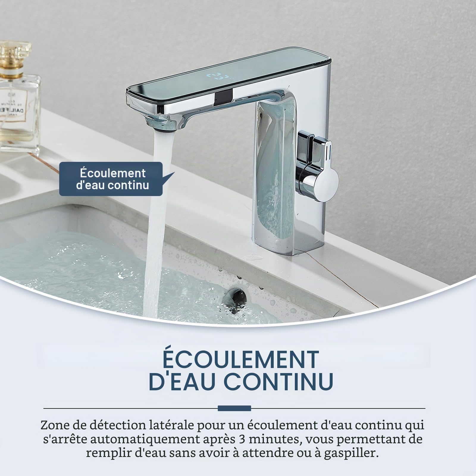 Robinet à capteur infrarouge pour salle de bain chrome, mitigeur de salle de bain à capteur automatique, affichage numérique, écran chaud/froid mitigeur lavabo