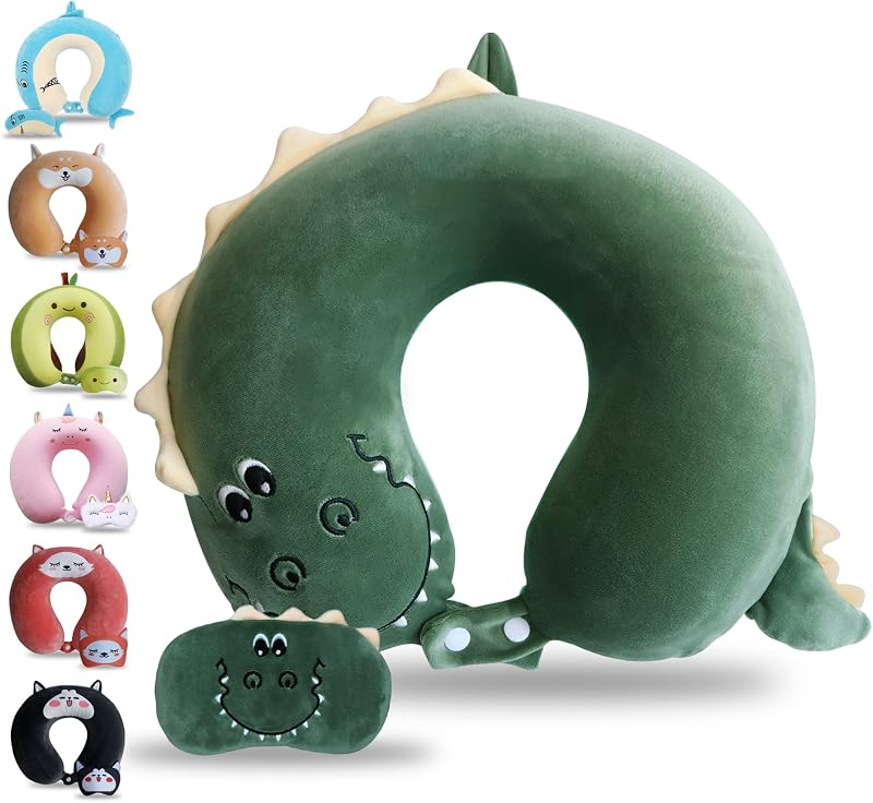 Cartoon Headrest & Neck Pillow for Kids Boys & Girls, Teens, Travel Accessories for Airplane, Car, Recline, Memory Foam Cute Travel Pillow with Sleep Eye Mask - Dinosaur
