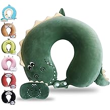 Sexysamba Cartoon Headrest &amp; Neck Pillow for Kids Boys &amp; Girls, Teens, Travel Accessories for Airplane, Car, Recline, Memory Foam Cute Travel Pillow with Sleep Eye Mask - Dinosaur