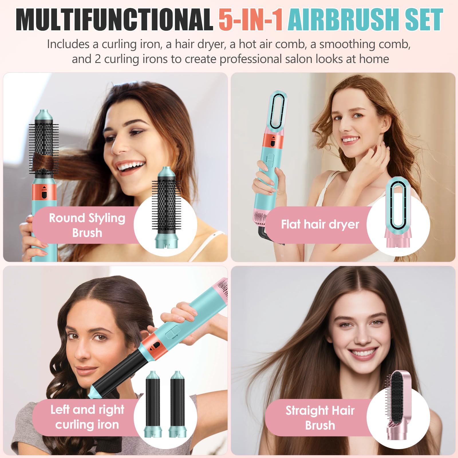 One-Step Styler, wielozadaniowa szczotka grzewcza do spłukiwania, 5 w 1 z suszarką do włosów, obrotowa szczotka dmuchająca do włosów, technologia ceramiczna, suszenie, kręcenie, prostowanie