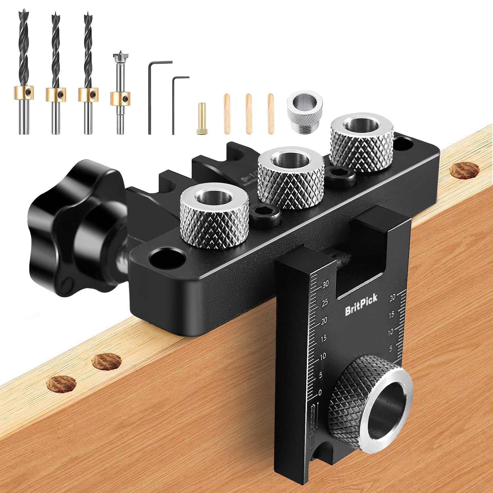 3 in-1 Pocket Hole Jig Kit, 8/10/15 mm Wooden Dowel Drilling Template Set Tool with Positioning Clip Adjustable Drilling Guide Puncher Locator, Carpentry Tools DIY Tool for Furniture