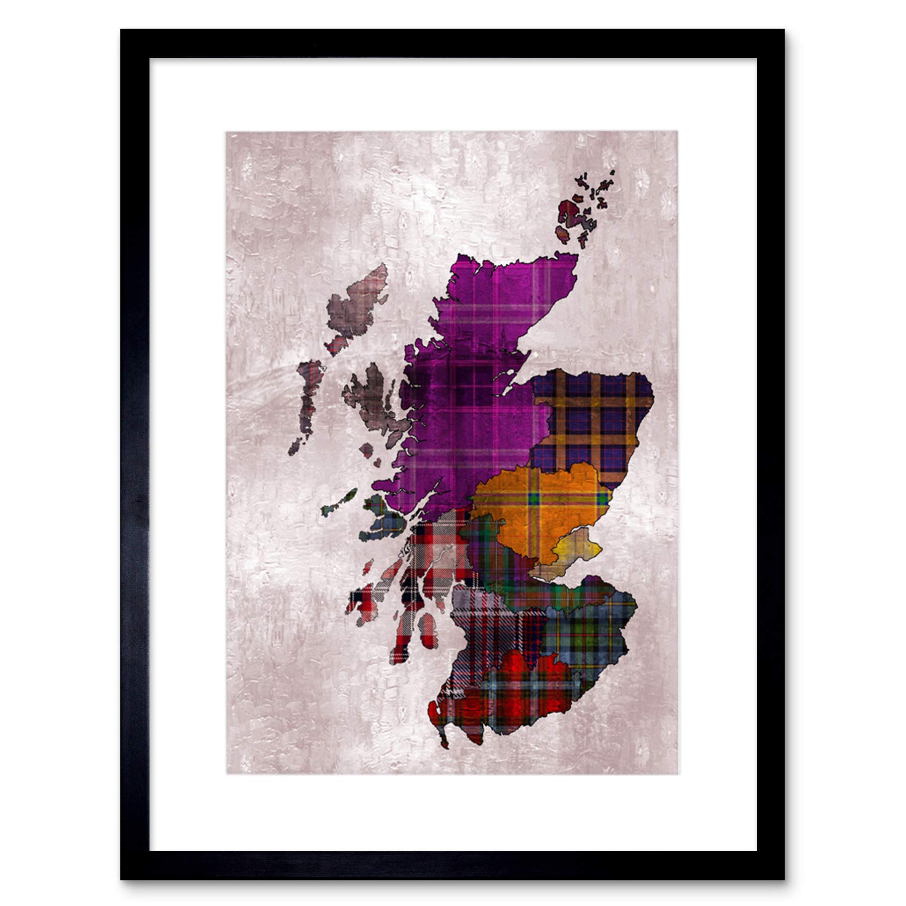 Wee Blue Coo Painting Map Outline Scotland Tartan Inset Regions Framed Wall Art Print