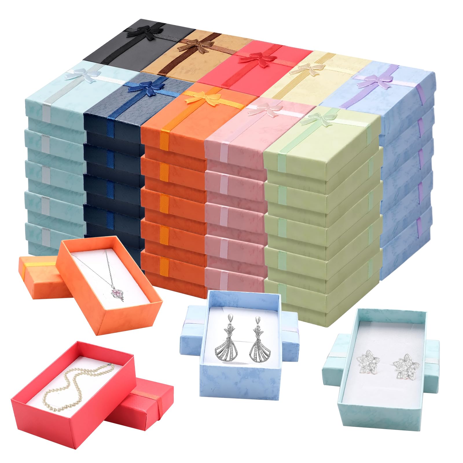 TANEMUDO 200 Pcs Jewelry Gift Boxes Set with Ribbon Bowknot 10 Colors Empty Small Gift Cardboard Boxes for Anniversaries, Weddings, Birthdays