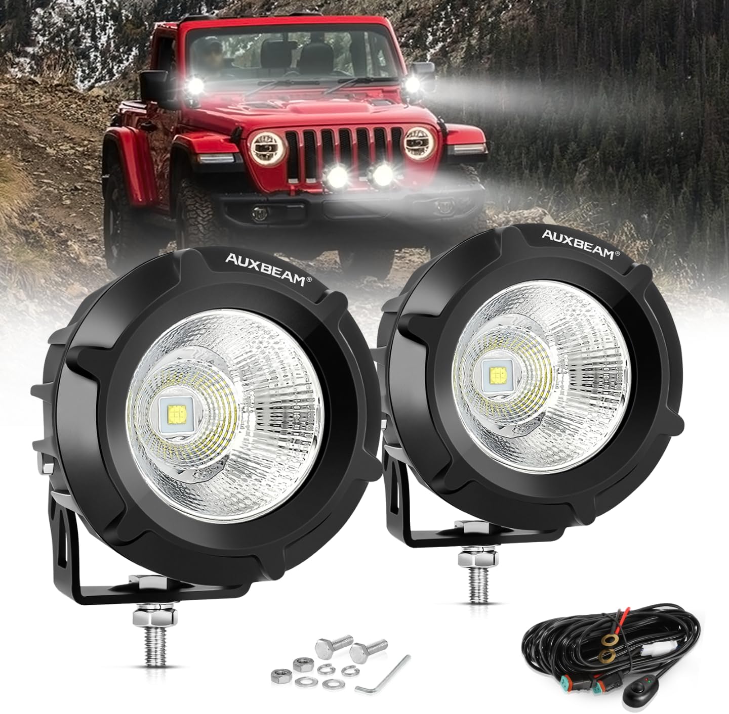 Auxbeam LED Pod Light, 3.5 Inch Round Offroad Lights Spot Beam Driving Lights, White Off Road Spotlights with Wiring Harness for Jeep Wrangler Truck Pickup SUV ATV UTV (2 Pcs)