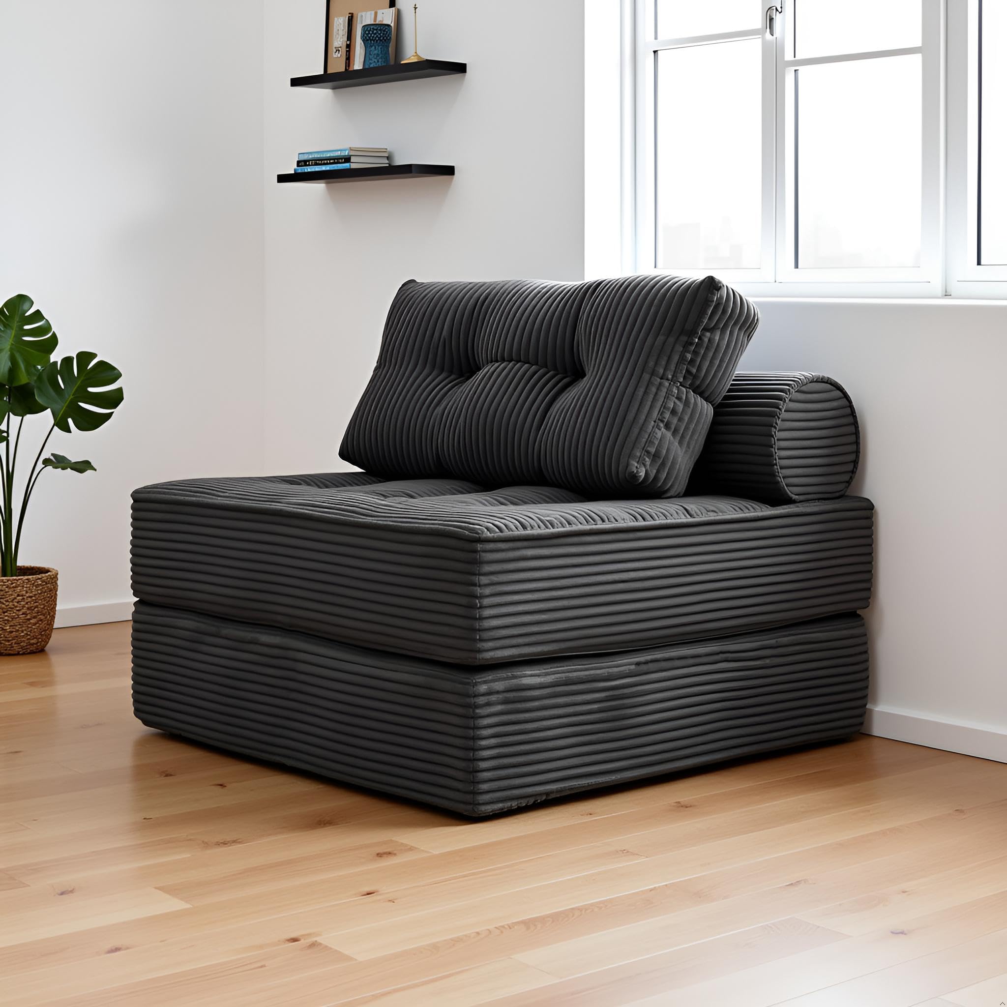 Folding Sofa Bed, Convertible Couch Chair with Pillow, Boneless Velvet Foldable Sleeper Sofa with Back Support, Portable Fold Out Lounger for Living Room, Apartment & Dorm, Dark Grey