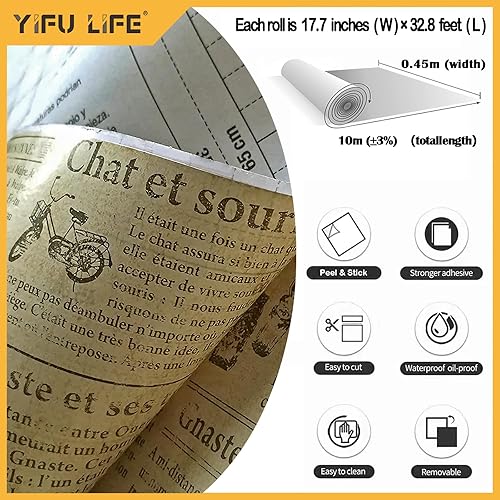 Miniatura 10 de Papel tapiz de periódico vintage de 17.7 pulgadas x 9.8 pies, papel de contacto de periódico extraíble, adhesivo autoadhesivo de vinilo autoadhesivo