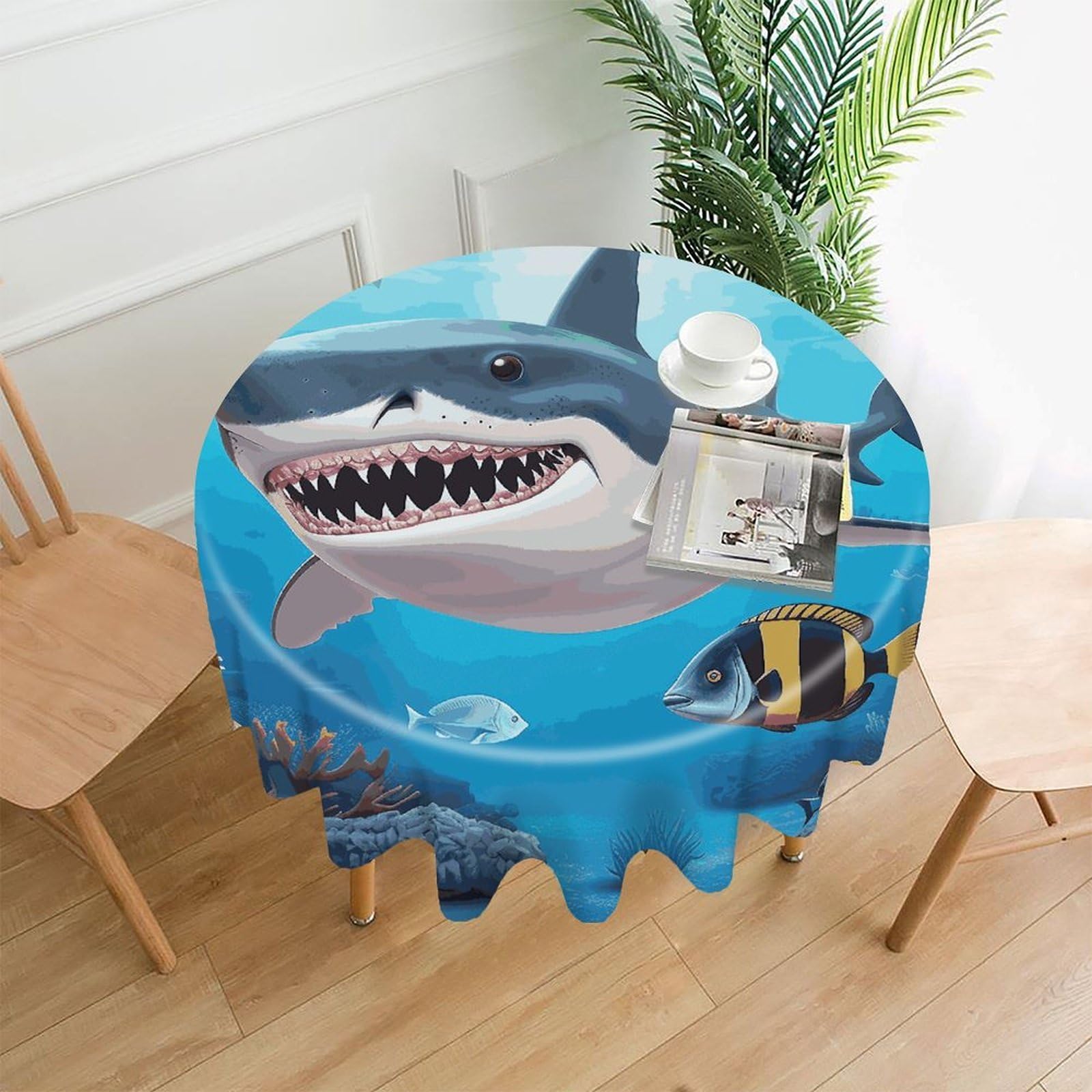 VstaDank Shark Ocean Theme Tablecloth Easy to Clean Polyester Round Table Cover Washable Round Table Cloth Wrinkle-Free Circle Decoration Tablecloth for Kitchen Dining Room 60"