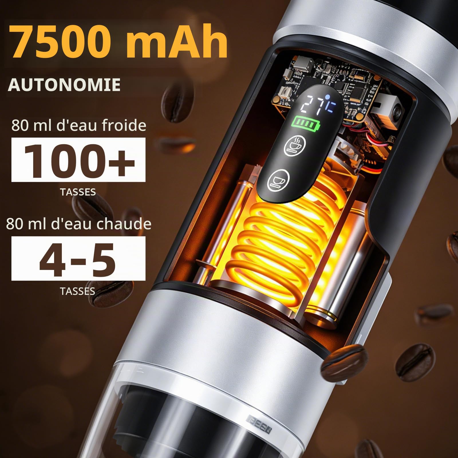 Machine à Café Portable 3 en 1, Cafetière Portable 20Bar Cafetiere Rechargeable Expresso Machine a Cafe Compatible avec Capsules Ness-preso, Dolce-Gusto et café Moulu pour Bureau Maison Voyage
