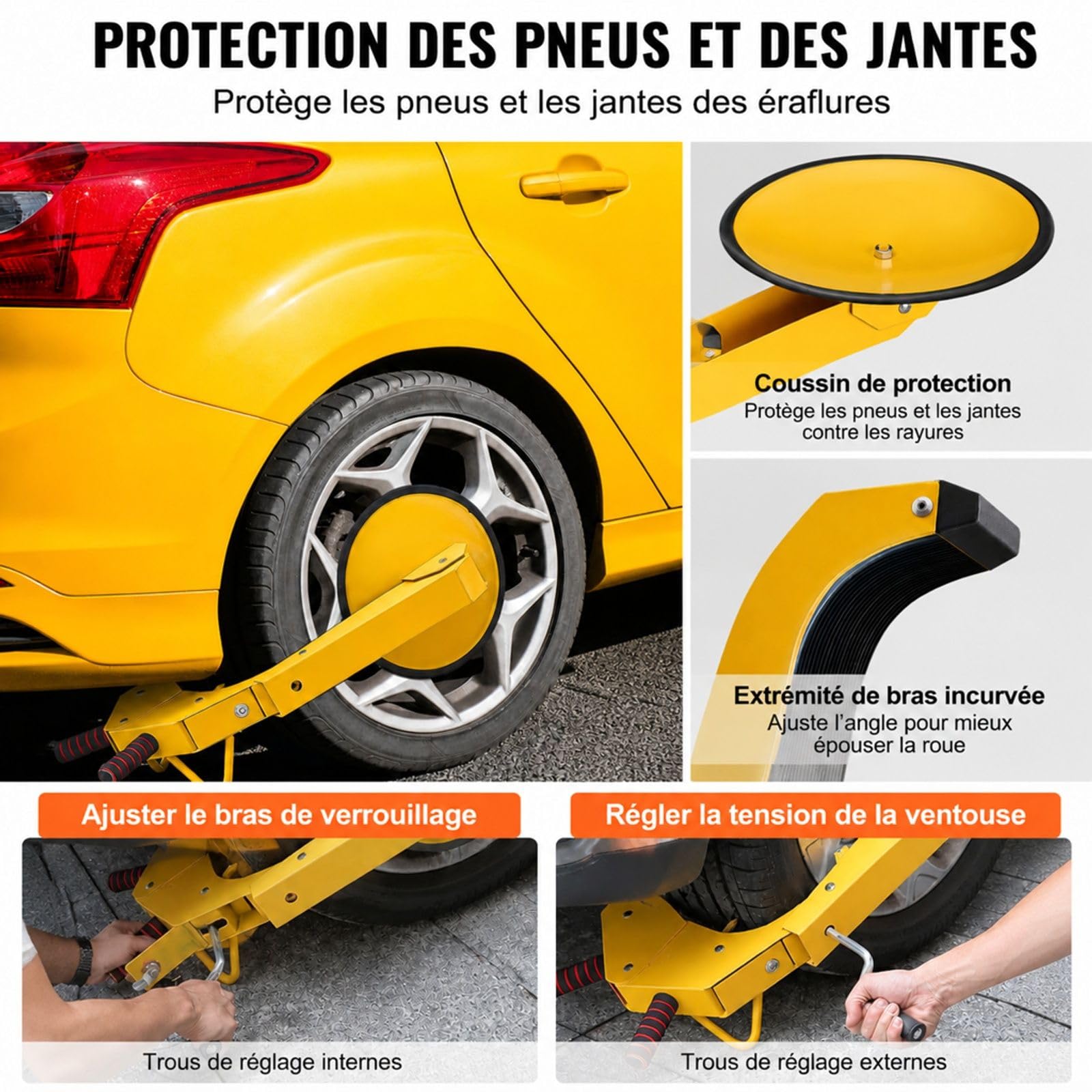 Lot de 2 sabots de roue jaunes en acier Q235 avec ventouse et clés pour voiture caravane camion moto SUV