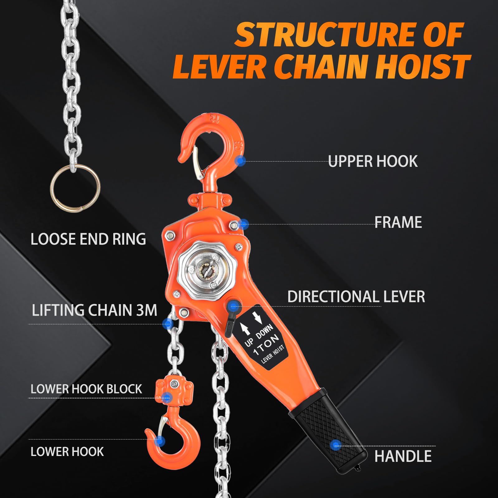1 Ton Chain Hoist - 10FT Lift, Manual Ratchet -3