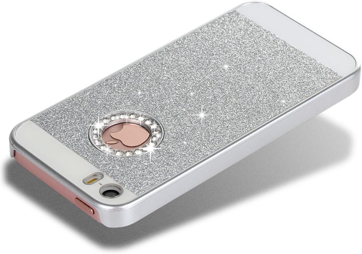 iPhone 5S Case, iPhone SE Case, iPhone 5 Case, BENTOBEN Glitter Sparkly Rhinestone Bling Slim Hard Cover Laminate with Luxury Shiny Faux Leather Protective Case for iPhone 5 5S SE, Silver